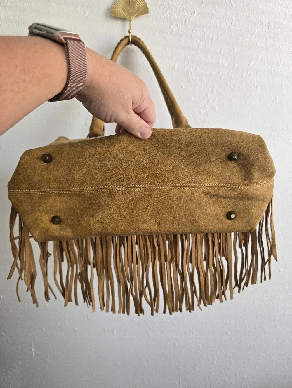 NWT Wrangler Tan Fringe Western Boho Shoulder Tote Bag Whipstitch Purse